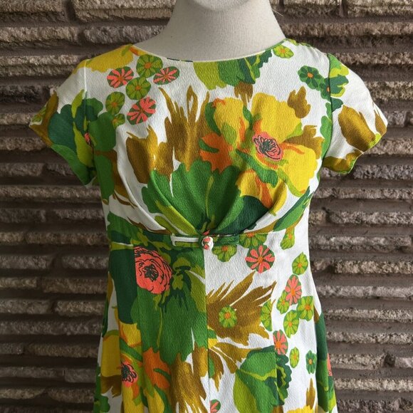 Alice Polynesian Fashions 60s Green Floral Tiki Barkcloth Maxi Dress Size Small - Picture 7 of 10